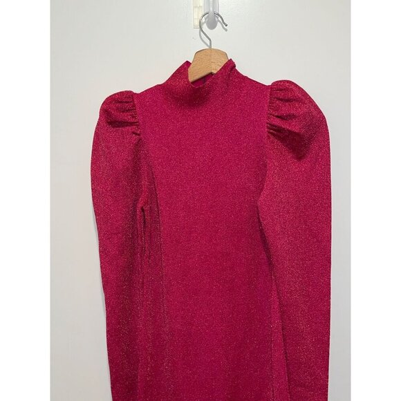 Alice and Olivia Issa Hot Pink Glitter Women's Size S Puff Sleeve Turtleneck Min - Picture 3 of 11